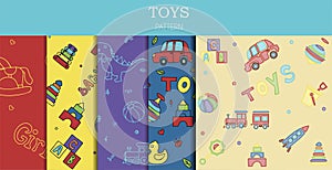 Vector set of doodle seamless pattern with toys. Hand draw collection of toys icons for baby shower or scrapbook. Cute