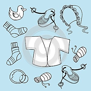 Vector set in doodle style of freehand contour drawings, hand-drawn, first baby things, vest, cap, rattle, duck, toys, first,