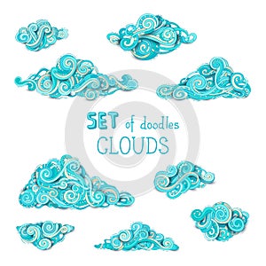 Vector set of doodles clouds.