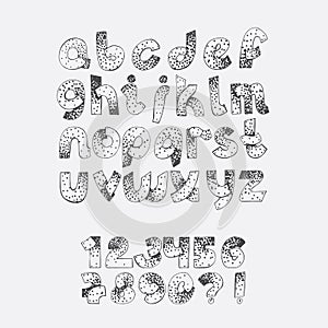 Vector set dotted alphabet from A to Z and numbers sequence fron 1 to 9. Hand drawn educative collection hand written with ink lin