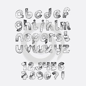 Vector set dotted alphabet from A to Z and numbers sequence fron 1 to 9. Hand drawn educative collection hand written with ink lin photo