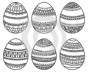 Vector set of easter eggs with geometric pattern for coloring book. Hand-drawn decorative elements in vector. Black and white.