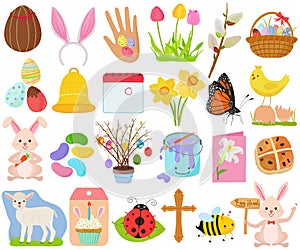 Vector set of Easter holiday, spring season in cute colorful theme. Collection of animal, flower, food icons in pastel color