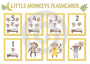 Vector set of educational flashcards with cute five little monkeys, mommy, doctor, bed. Funny nursery rhyme and song illustration