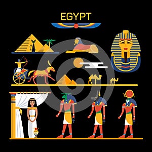 Vector set of Egypt characters with pharaoh, gods, pyramids, camels.