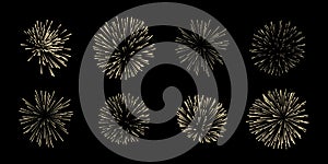 Vector set of eight fireworks isolated on black background