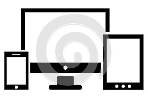 Vector set of electronic devices on transparent background. Smartphone, tablet, desktop or tv set.