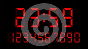 Vector set of electronic digits numbers font from a clock and a countdown timer. Red watch and calculator display symbols
