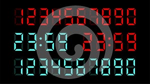 Vector set of electronic digits numbers font from a clock and a countdown timer. Watch and calculator display symbols
