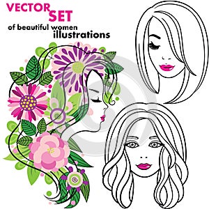 Vector set of elegant line art silhouettes of a young women. Be