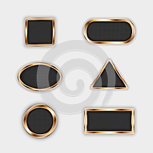 Vector set of elements for design, perforated metal mesh in gold frames of various shapes. Circle, square, oval, rectangle, triang
