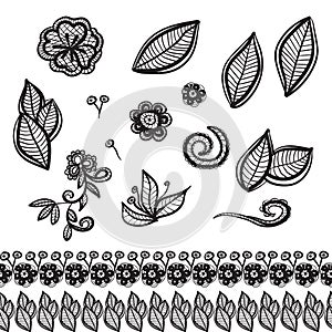 Vector set of embroidered lace design. Collection of openwork patterns with borders