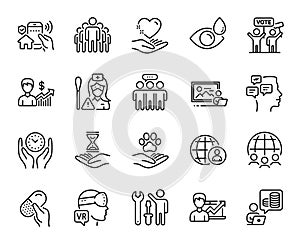Vector set of Employees group, Eye drops and Budget accounting line icons set. Vector
