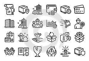 Vector set of Engineering team, Push cart and Lighthouse line icons set. Vector