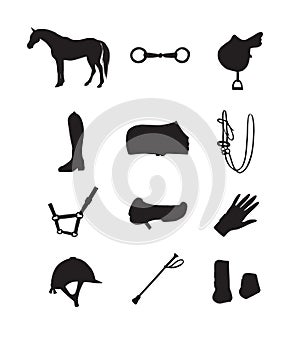 Vector set of equestrian equipment silhouette icon