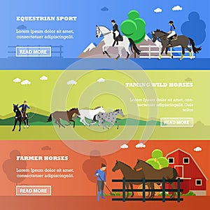 Vector set of equestrian sport, taming horses, farming concept banners