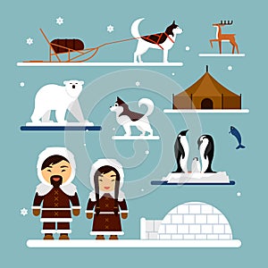 Vector set of eskimo characters with igloo house, dog, white bear and penguins. People in traditional eskimos costume