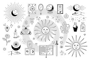 Vector set of esoterical and solar elements and symbols. Line art magical objects and celestian icons
