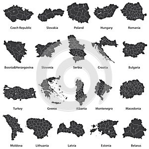 Vector set of european maps with region borders