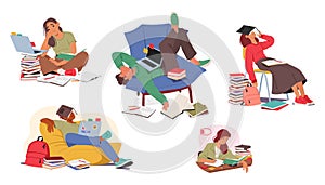 Vector Set Of Exhausted Students Hunched Over Textbooks, Wearied Expressions Revealing The Weight Of Endless Study