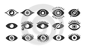 Vector Set Of Eye Icons In Black And White, Depicting Different States And Expressions Such As Open, Closed, Crying