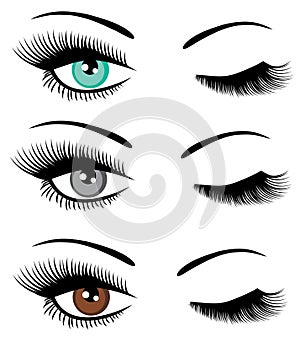 Vector set of eyes winking.