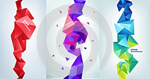 Vector set of faceted 3d crystal colorful shapes, banners.