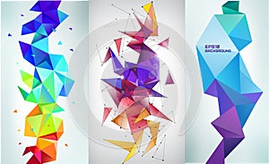 Vector set of faceted 3d crystal colorful shapes, banners.