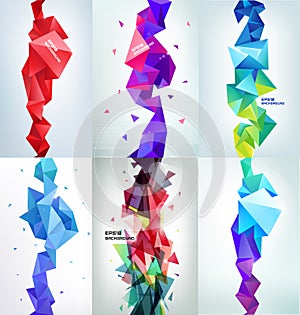 Vector set of faceted 3d crystal colorful shapes, banners.