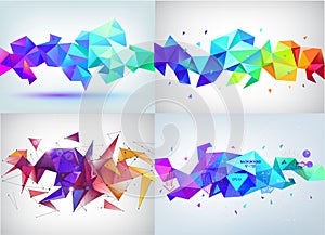 Vector set of faceted 3d crystal colorful shapes, banners. Faceted 3d shapes, crystal banners
