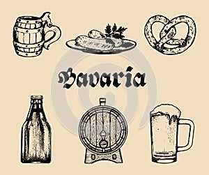 Vector set of famous bavarian symbols.Hand drawn german cuisine and beer icons.Oktoberfest illustrations.Wiesn or signs.