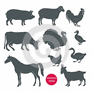 Vector set of farm animals cow, sheep, goat, pig, horse.