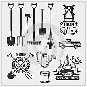 Vector set of farm and garden tools. Farmers market emblems.