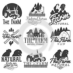 Vector set of farm labels. Monochrome logos, badges, banners and emblems in vintage style. Isolated illustration