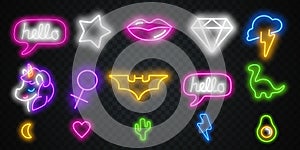 Vector Set fashion neon sign. Neon sign, bright signboard, light banner. Vector icons