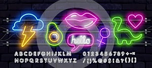Vector Set fashion neon sign. Neon sign, bright signboard, light banner. Vector icons