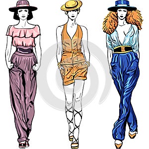 Vector set fashion top models in trouser suits and photo