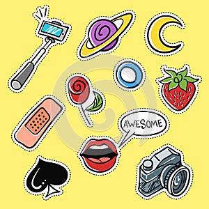 Vector set of fashionable patches: selfie stick, lips, strawberry