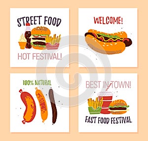 Vector set of fast food festival poster, placard, banner, advertising, flayer, card, sticker with burger, hot dog, sausage,
