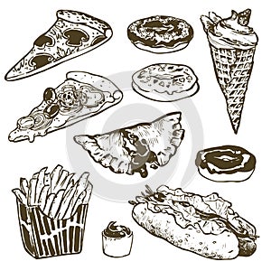 Vector Set of fast food. Hamburger, donut, ice cream, hot dog, french fries, pizza.