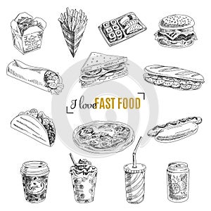 Vector set of fast food. Illustration in sketch