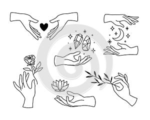 Vector set of female hand logos, icons in minimal linear style. Emblem design templates with hand gestures, rose, lotus, heart,