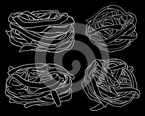 Vector set of fettuccine pasta noodles. hand-drawn in sketch style-contour white isolated set of elements top view and side view