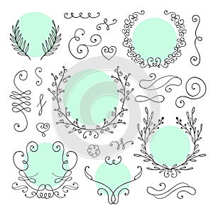 Vector set of filigree rustic design elements. Good for logotypes, wedding card design and birthday invitations.