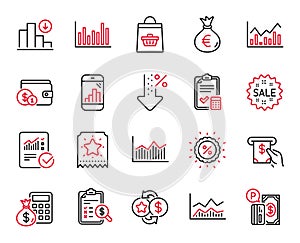 Vector Set of Finance icons related to Atm service, Infochart and Checked calculation. Vector