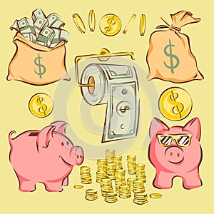 Vector set of finance items and metaphors in comic cartoon style: money bags, piggy bank, coins, dollar toilet paper