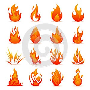 Vector set of fire and flame icons. Colorful Flames in the Flat Style.