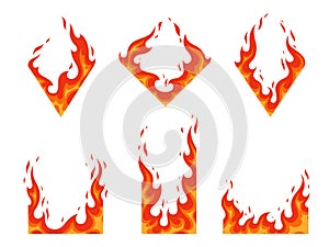 Vector set of fire frames. Burn hot, power heat, energy flammable illustration. Flame in the shape of a diamond and a rectangle