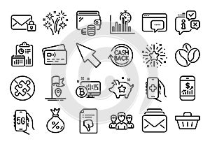 Vector set of Fireworks, Thumb down and Secure mail line icons set. Vector