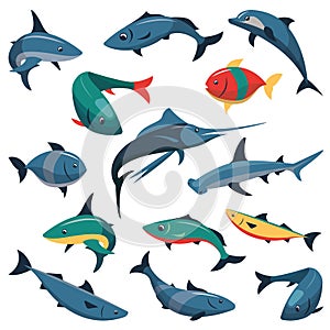 Vector set of fish icons in flat style